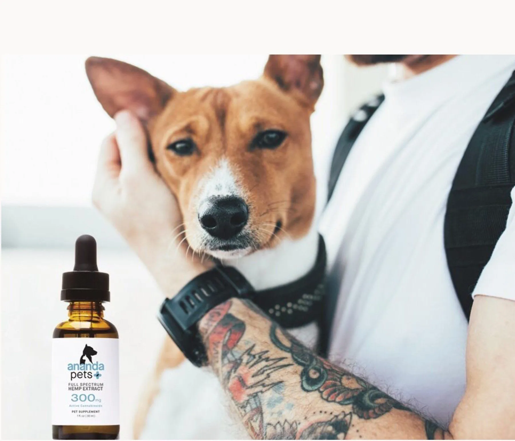 Ananda Pets 300 mg full spectrum hemp extract bottle beside a dog in its owner's arms